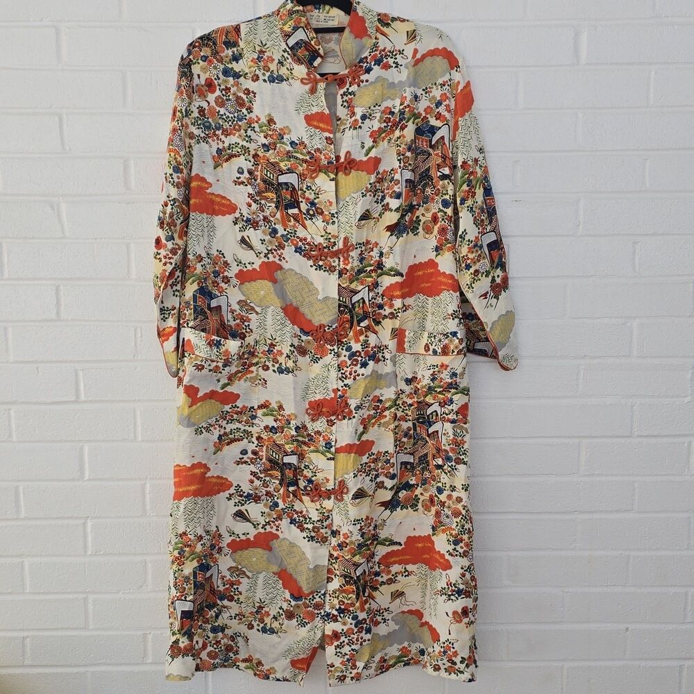 Japanese Kimono Robe Floral Print Multi-Color Size M (36-38) Made in Japan